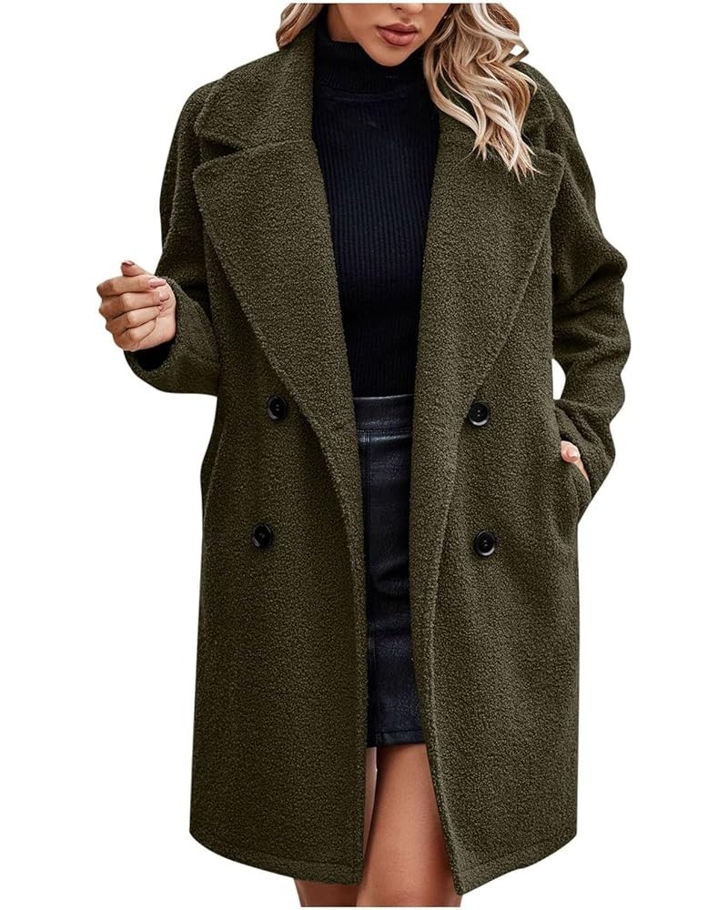 Women Teedy Coats Polar Fleece Lapel Notched Collar Open Front Cardigan Shaggy Double Breasted Pockets Trench Coat Army Green...