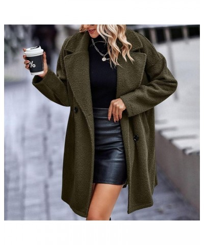 Women Teedy Coats Polar Fleece Lapel Notched Collar Open Front Cardigan Shaggy Double Breasted Pockets Trench Coat Army Green...