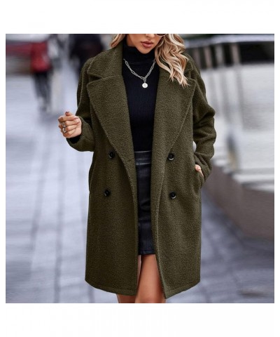 Women Teedy Coats Polar Fleece Lapel Notched Collar Open Front Cardigan Shaggy Double Breasted Pockets Trench Coat Army Green...