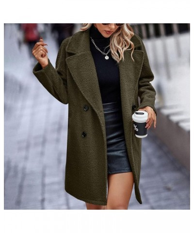 Women Teedy Coats Polar Fleece Lapel Notched Collar Open Front Cardigan Shaggy Double Breasted Pockets Trench Coat Army Green...