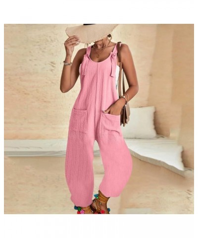 Rompers for Women Casual Cotton Linen Overall Shorts Summer Sleeveless Wide Leg Short Overalls Jumpsuits with Pockets J Pink ...