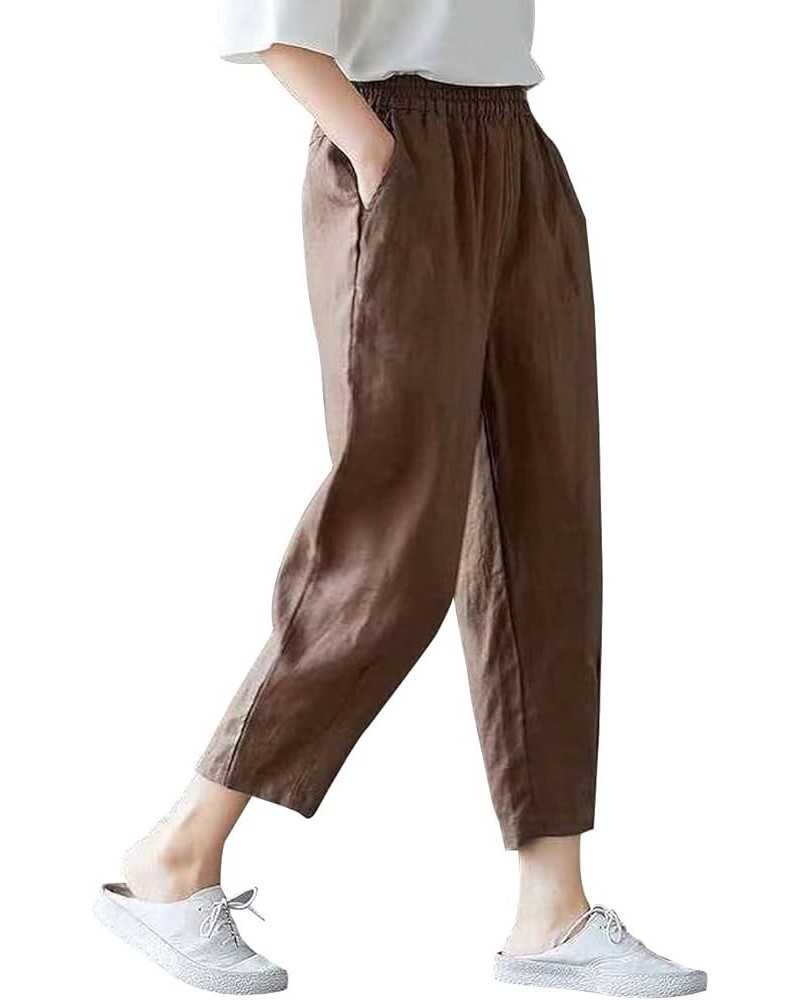 Summer Cotton Linen Soft Cropped Pants with Elastic Waist Pockets for Women Teen Girls Brown $9.90 Pants