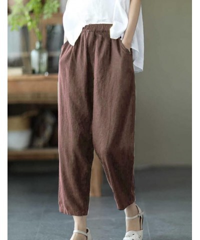 Summer Cotton Linen Soft Cropped Pants with Elastic Waist Pockets for Women Teen Girls Brown $9.90 Pants