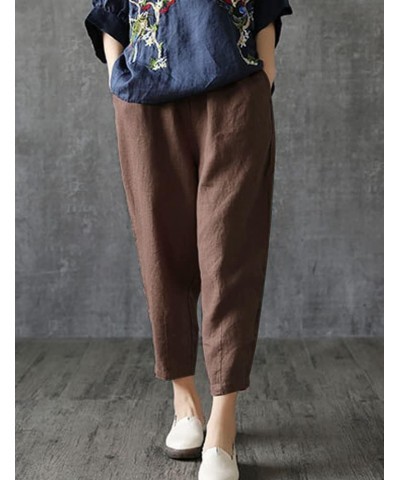 Summer Cotton Linen Soft Cropped Pants with Elastic Waist Pockets for Women Teen Girls Brown $9.90 Pants