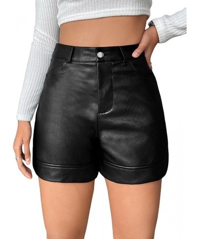 Women's High Waist Button Straight Leg Pu Leather Shorts Casual Shorts Black $18.86 Shorts