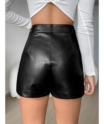 Women's High Waist Button Straight Leg Pu Leather Shorts Casual Shorts Black $18.86 Shorts