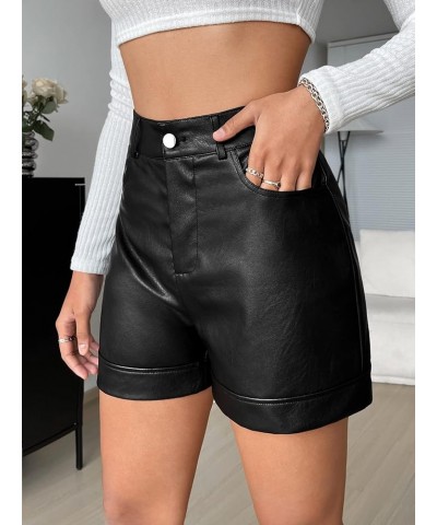 Women's High Waist Button Straight Leg Pu Leather Shorts Casual Shorts Black $18.86 Shorts