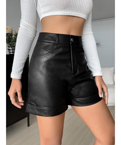 Women's High Waist Button Straight Leg Pu Leather Shorts Casual Shorts Black $18.86 Shorts