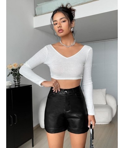 Women's High Waist Button Straight Leg Pu Leather Shorts Casual Shorts Black $18.86 Shorts