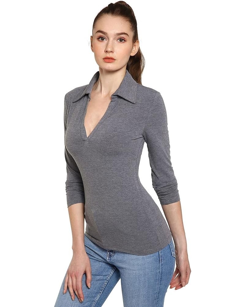Women Collar V Neck Long Sleeve Polo Shirt Heather Gray $15.29 Shirts