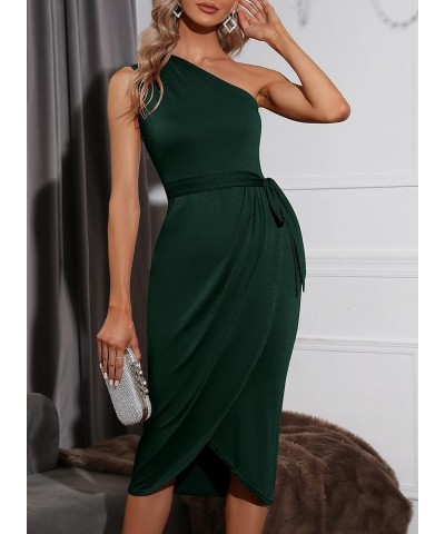 Women's Asymmetrical Sleeveless One Shoulder Wrap Belted Ruched Bodycon Slit Party Midi Dress A-dark Green $16.09 Dresses