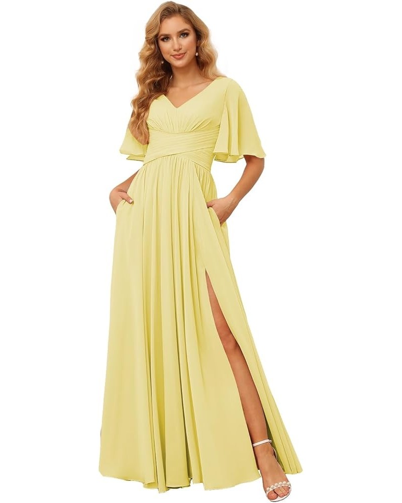 Women's Flutter Sleeves Bridesmaid Dresses Long V Neck Pleated Chiffon Formal Evening Gown with Slit TN004 Canary $24.30 Dresses