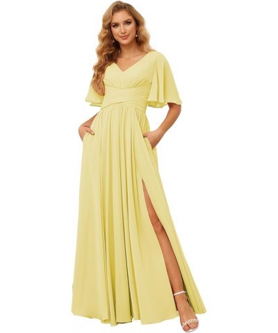 Women's Flutter Sleeves Bridesmaid Dresses Long V Neck Pleated Chiffon Formal Evening Gown with Slit TN004 Canary $24.30 Dresses