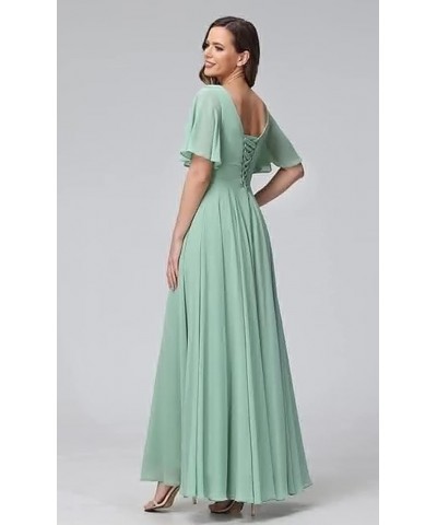 Women's Flutter Sleeves Bridesmaid Dresses Long V Neck Pleated Chiffon Formal Evening Gown with Slit TN004 Canary $24.30 Dresses