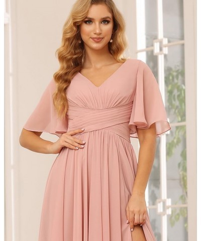 Women's Flutter Sleeves Bridesmaid Dresses Long V Neck Pleated Chiffon Formal Evening Gown with Slit TN004 Canary $24.30 Dresses