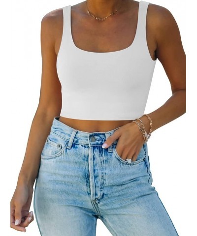 Women’s Sexy Square Neck Double Lined Seamless Sleeveless Cropped Tank Yoga Crop Tops 01-white $14.99 Tanks