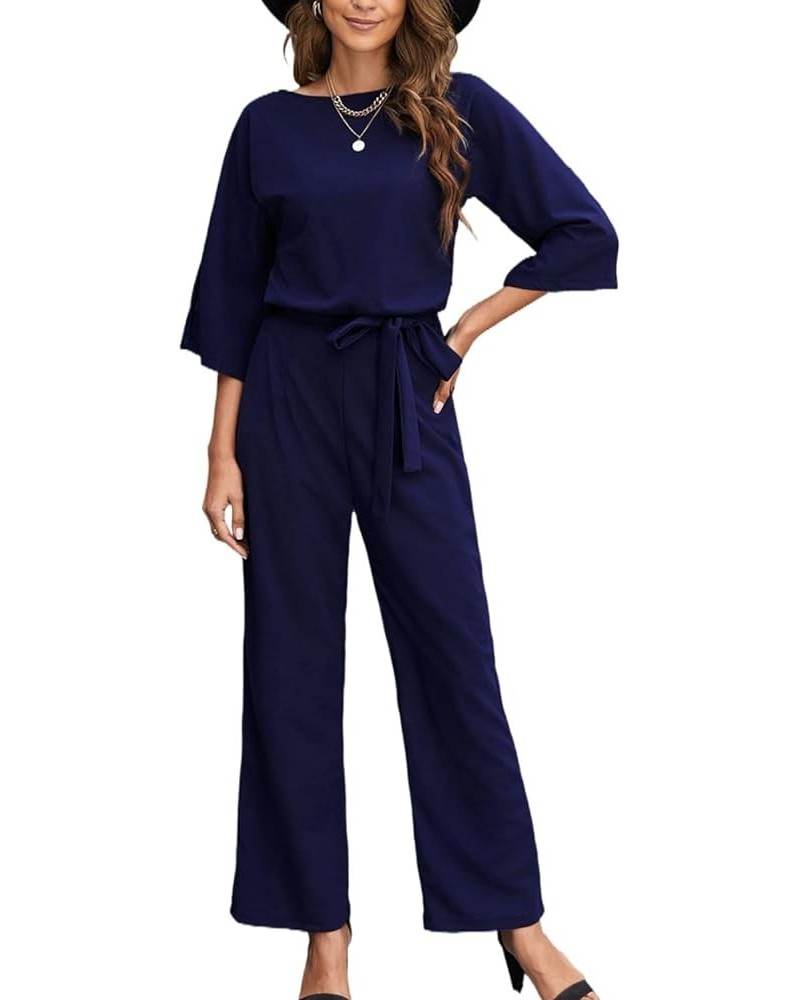 Women’s Casual Crew Neck Short Sleeve Belted Loose Long Wide Leg Pants Jumpsuits Romper 3/4 Sleeve Blue $12.30 Jumpsuits