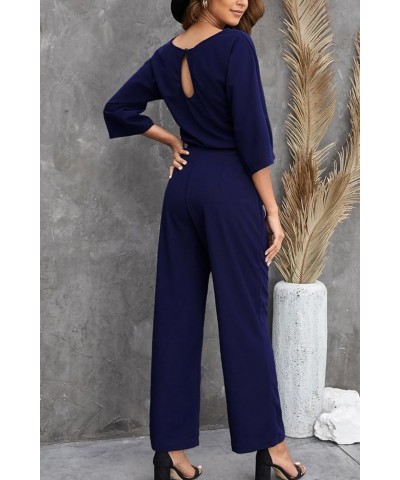 Women’s Casual Crew Neck Short Sleeve Belted Loose Long Wide Leg Pants Jumpsuits Romper 3/4 Sleeve Blue $12.30 Jumpsuits