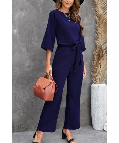 Women’s Casual Crew Neck Short Sleeve Belted Loose Long Wide Leg Pants Jumpsuits Romper 3/4 Sleeve Blue $12.30 Jumpsuits