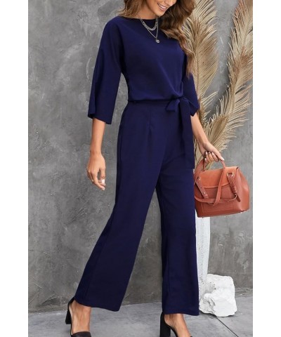 Women’s Casual Crew Neck Short Sleeve Belted Loose Long Wide Leg Pants Jumpsuits Romper 3/4 Sleeve Blue $12.30 Jumpsuits