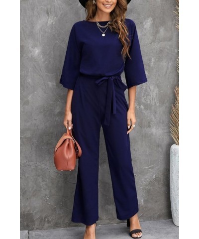 Women’s Casual Crew Neck Short Sleeve Belted Loose Long Wide Leg Pants Jumpsuits Romper 3/4 Sleeve Blue $12.30 Jumpsuits