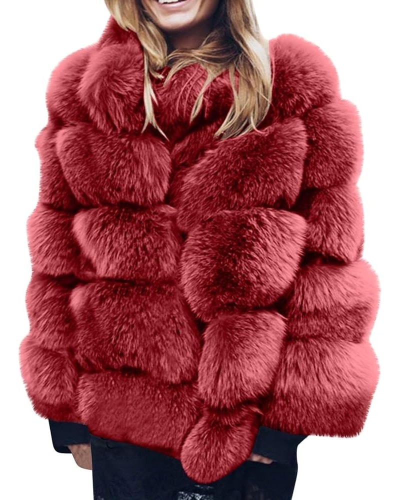 Women Winter Coat Jacket Luxury Faux Fur Coat Slim Long Sleeve Fuzzy Collar Open Front Cardigan Faux Fur Coat Outwear 02 wine...