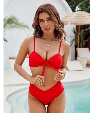 Women's High Waisted Bikini Sets Two Piece Swimsuit Front Tie Knot Bathing Suit Solid Red $19.24 Swimsuits