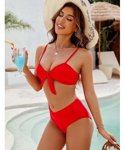 Women's High Waisted Bikini Sets Two Piece Swimsuit Front Tie Knot Bathing Suit Solid Red $19.24 Swimsuits