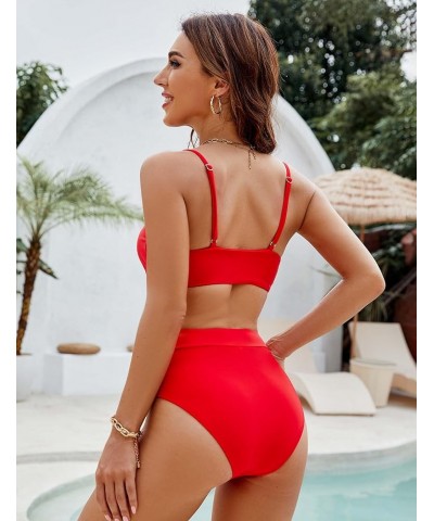 Women's High Waisted Bikini Sets Two Piece Swimsuit Front Tie Knot Bathing Suit Solid Red $19.24 Swimsuits