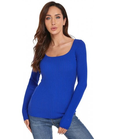 Women Scoop Neck Long Sleeve Scalloped Cuff Ribbed Pullover Sweater Blue $18.40 Sweaters