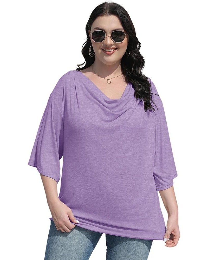 Plus Size Tops for Women Dressy, 2024 Summer Casual 3/4 Sleeve Shirts, Trendy Folded Neck Tee Purple $12.71 T-Shirts