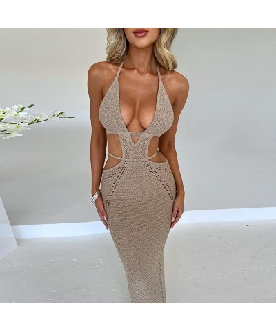 Women Backless Hollow Out Long Dress Sexy Tube Top Maxi Dress Bodycon Spaghetti Strap Cocktail Party Midi Dress Halter Cut Kh...