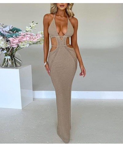 Women Backless Hollow Out Long Dress Sexy Tube Top Maxi Dress Bodycon Spaghetti Strap Cocktail Party Midi Dress Halter Cut Kh...