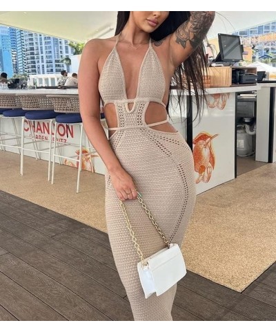 Women Backless Hollow Out Long Dress Sexy Tube Top Maxi Dress Bodycon Spaghetti Strap Cocktail Party Midi Dress Halter Cut Kh...