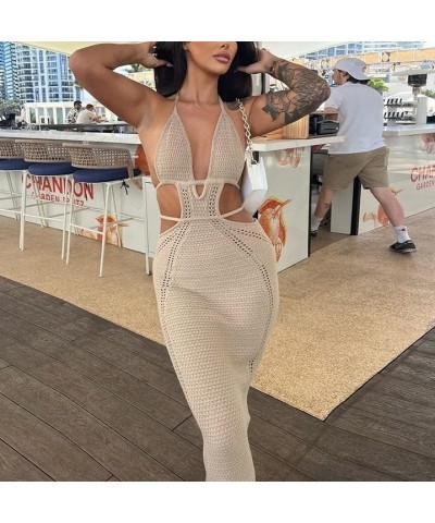 Women Backless Hollow Out Long Dress Sexy Tube Top Maxi Dress Bodycon Spaghetti Strap Cocktail Party Midi Dress Halter Cut Kh...