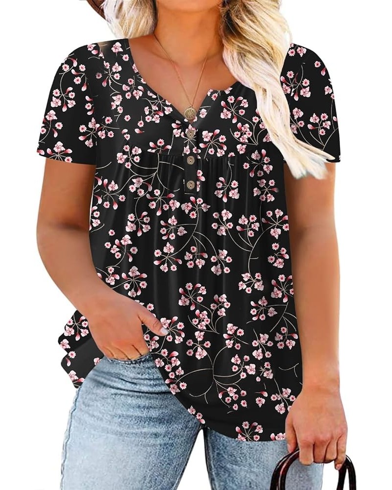 Womens-Plus-Size-Tops-Summer Buttons Up Henley Shirts V Neck Blouses Flowy Pleated Tunics Tee 10_fl033 $17.66 Tops