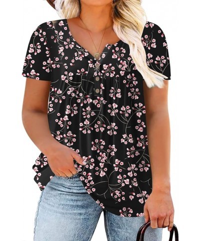 Womens-Plus-Size-Tops-Summer Buttons Up Henley Shirts V Neck Blouses Flowy Pleated Tunics Tee 10_fl033 $17.66 Tops