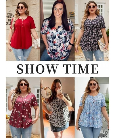 Womens-Plus-Size-Tops-Summer Buttons Up Henley Shirts V Neck Blouses Flowy Pleated Tunics Tee 10_fl033 $17.66 Tops