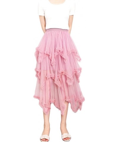 Women Layered Tulle Skirts High Low Asymmetrical Elastic Waist Mesh Tutu Midi Skirt Fashion Ruffle Party Prom Skirt Pink $14....