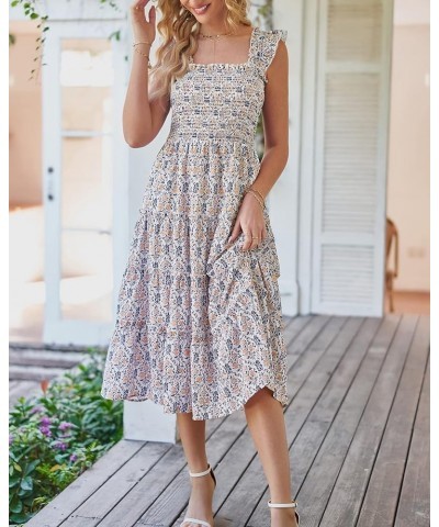 Womens Summer Boho Smocked Beach Dresses Sleeveless Shoulder Strap Floral Flowy Tiered Party Midi Casual Sundress Print Purpl...