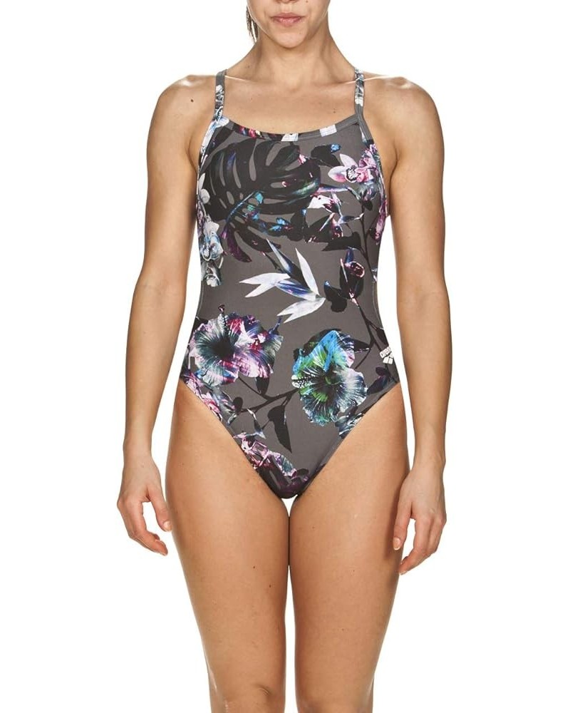 Women's Standard Print Challenge Back One Piece Swimsuit Tropical Flowers Grey $22.12 Swimsuits