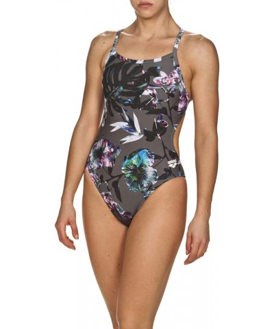 Women's Standard Print Challenge Back One Piece Swimsuit Tropical Flowers Grey $22.12 Swimsuits