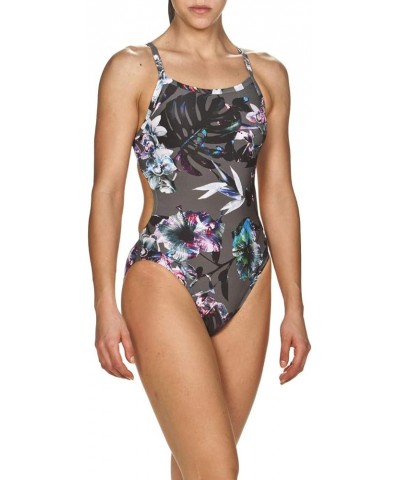 Women's Standard Print Challenge Back One Piece Swimsuit Tropical Flowers Grey $22.12 Swimsuits