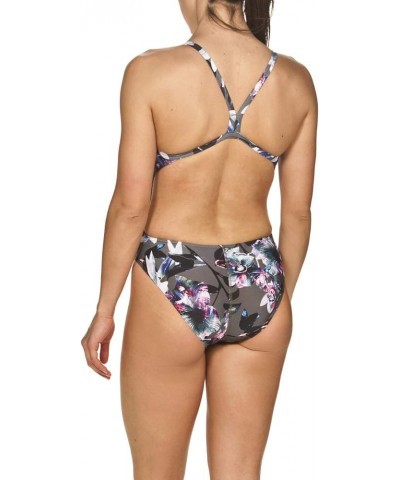 Women's Standard Print Challenge Back One Piece Swimsuit Tropical Flowers Grey $22.12 Swimsuits