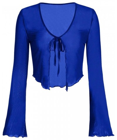 Women's Sheer Shrug Crop Top Long Sleeve Tie Front Lettuce Trim Mesh Open Cardigan Top Royal Blue $11.89 Tops