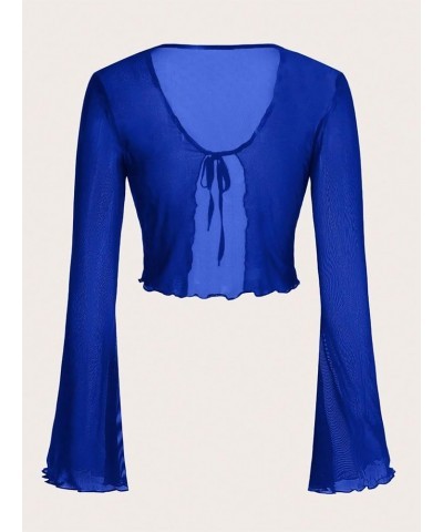 Women's Sheer Shrug Crop Top Long Sleeve Tie Front Lettuce Trim Mesh Open Cardigan Top Royal Blue $11.89 Tops