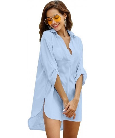 Women's Swimsuit Beach Cover Up Shirt Bikini Beachwear Bathing Suit Beach Dress Sky Blue $18.19 Swimsuits