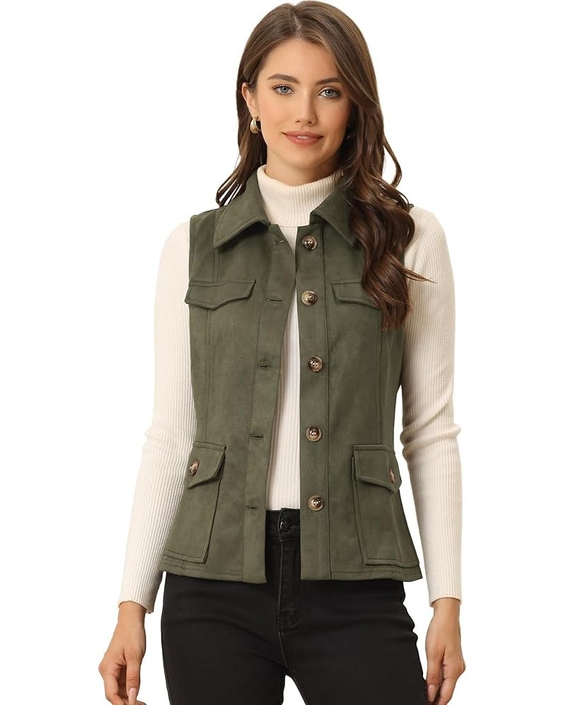 Women's Faux Suede Vest Utility Buttoned Sleeveless Jacket with Cargo Pocket Army Green $26.39 Vests