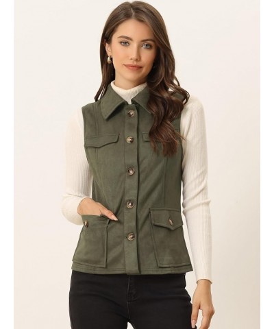 Women's Faux Suede Vest Utility Buttoned Sleeveless Jacket with Cargo Pocket Army Green $26.39 Vests