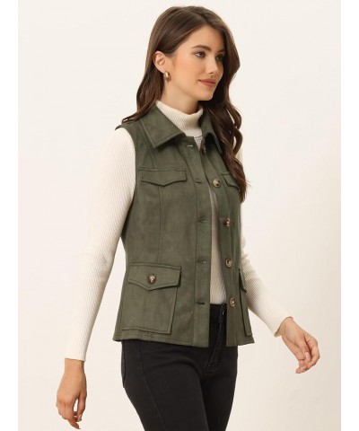 Women's Faux Suede Vest Utility Buttoned Sleeveless Jacket with Cargo Pocket Army Green $26.39 Vests